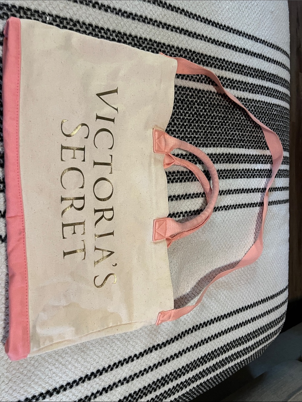 Victoria's Secret Cream Canvas Tote with Pink Trim